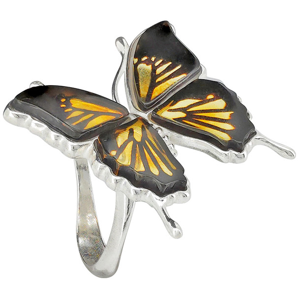 Cameo Amber Silver Butterfly Adjustable Ring