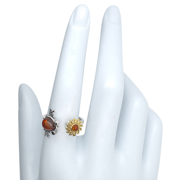 Amber Sterling Silver Frog/Flower Spinner Adjustable Ring