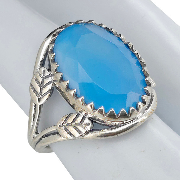 Faceted Blue Chalcedony Leaf-Design Adjustable Ring