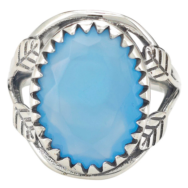 Faceted Blue Chalcedony Leaf-Design Adjustable Ring