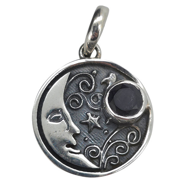 Faceted Black Onyx Sterling Silver Moon Pendant. A round-shaped faceted black onyx gemstone is set in genuine .925 sterling silver.
