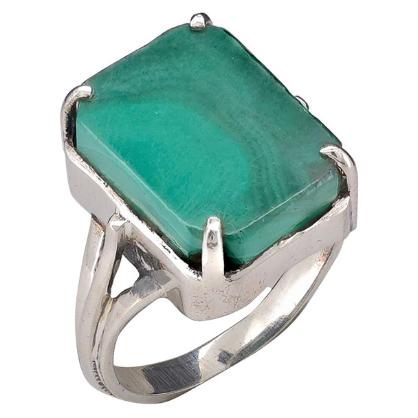 Malachite Sterling Silver Ring. A rectangular-shaped malachite gemstone is set in genuine .925 sterling silver.