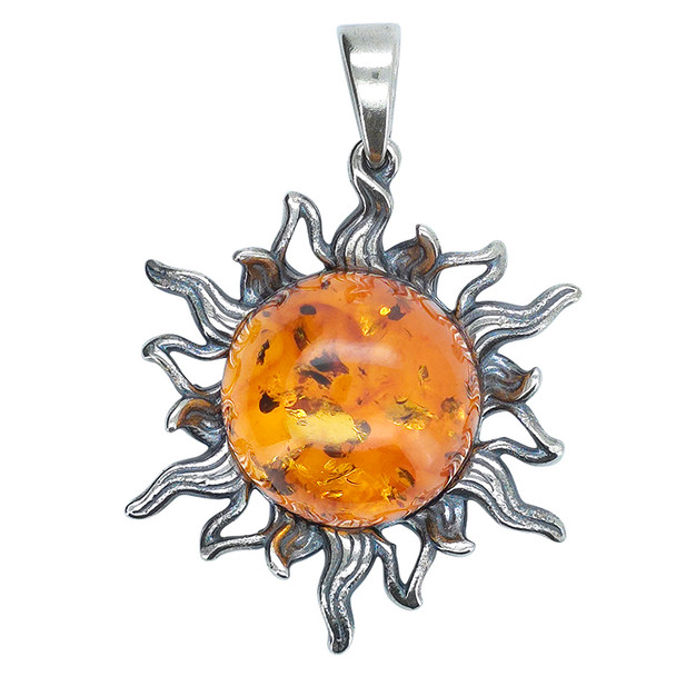 Amber Oxidized Sterling Silver Sun Pendant 19–20mm. A round-shaped cognac-colored genuine Baltic amber stone is set in oxidized .925 sterling silver. Elegant sun design.
