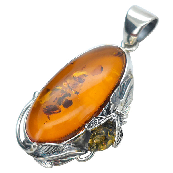 Amber Sterling Silver Handmade Fly and Leaf Design Pendant