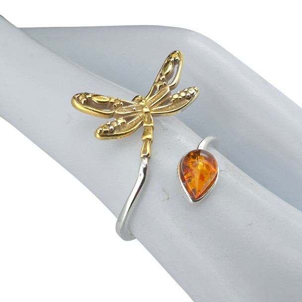 Cognac Amber Gold-Plated Sterling Silver Dragonfly Adjustable Ring