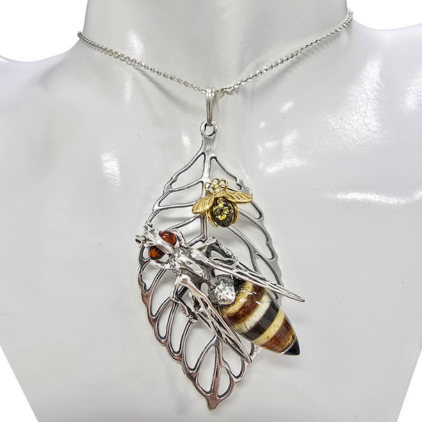 Multi-Color Amber Sterling Silver Bee on Leaf Pendant