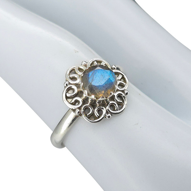 Faceted Labradorite Flower Style Silver Ring