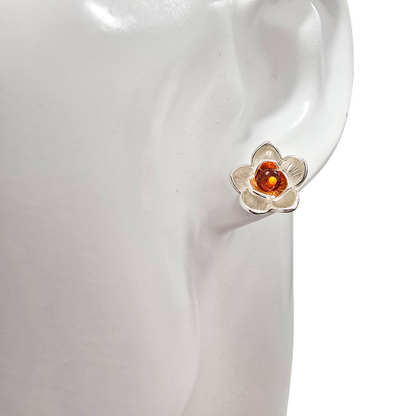 Cognac Amber Sterling Silver Flower Stud Earrings