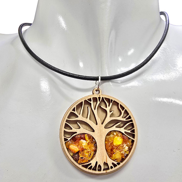 Tree Of Life Multicolor Amber Wooden Pendant