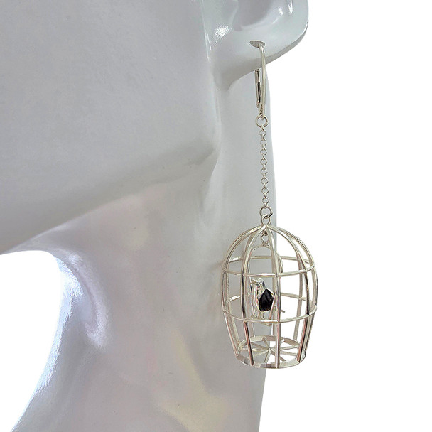 Bird In A Cage Amber Silver Dangle Earrings