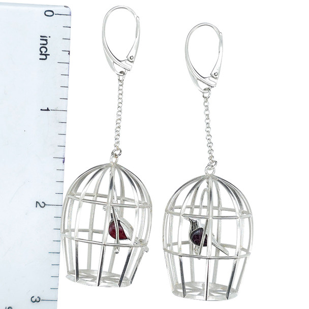 Bird In A Cage Amber Silver Dangle Earrings