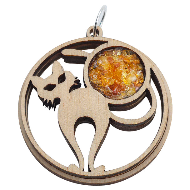Cat Multicolor Amber Wooden Pendant