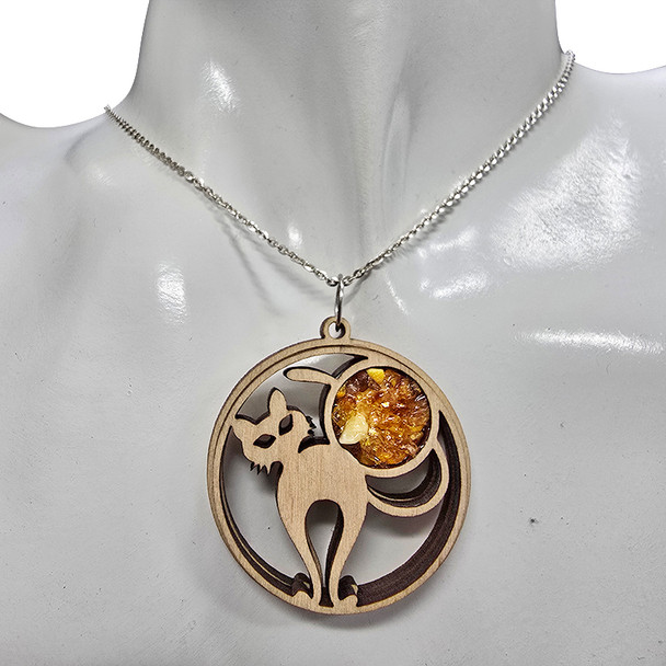 Cat Multicolor Amber Wooden Pendant