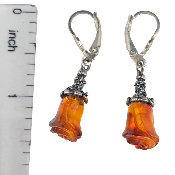 Cognac Amber Sterling Silver Handmade Rose Earrings on Hooks