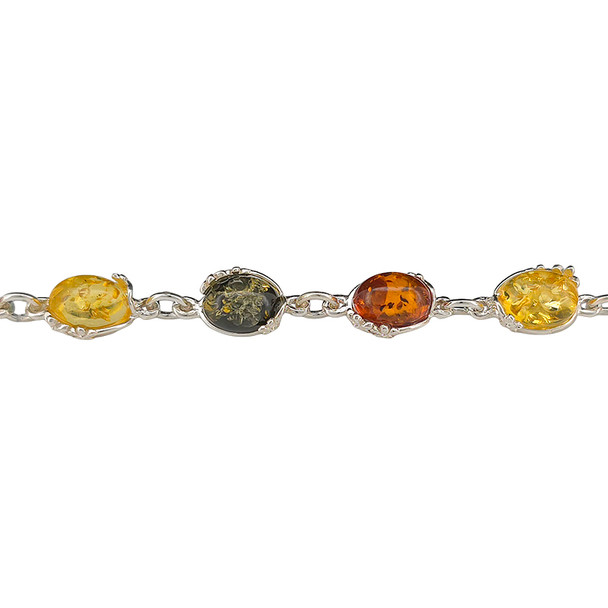 Multicolor Amber Flower Design Silver Link Bracelet