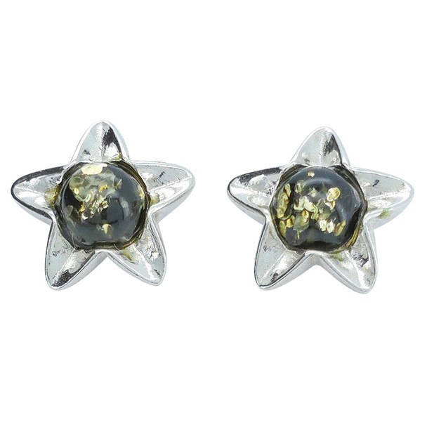 Flower Green Amber Sterling Silver Stud Earrings (1581)