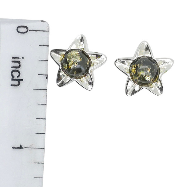 Flower Green Amber Sterling Silver Stud Earrings (1581)