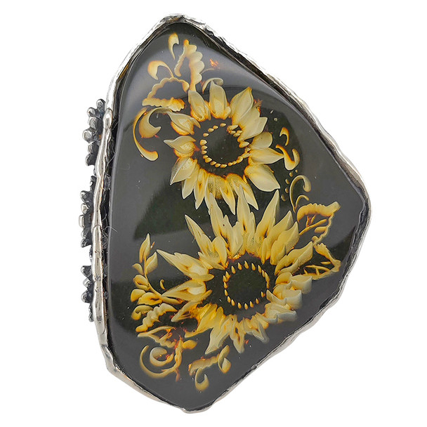 Hand Carved Amber Cameo/Intaglio Sunflowers Adjustable Ring