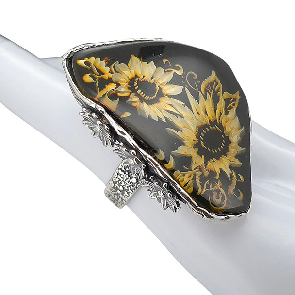 Hand Carved Amber Cameo/Intaglio Sunflowers Adjustable Ring