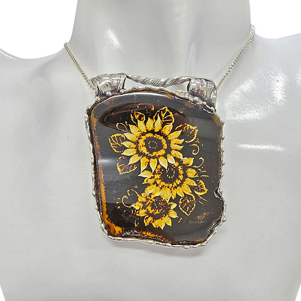 Hand Carved Sunflowers Amber Cameo/Intaglio Silver Pendant
