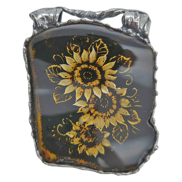 Hand Carved Sunflowers Amber Cameo/Intaglio Silver Pendant