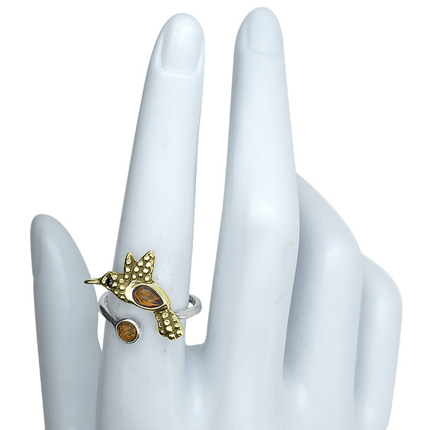 Cognac Amber Gold Plated Silver Hummingbird Adjustable Ring