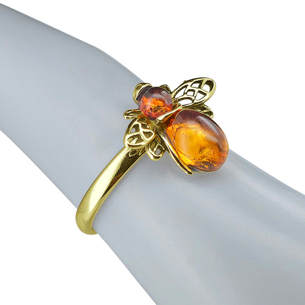 Cognac Amber Gold Plated Silver Bee Ring