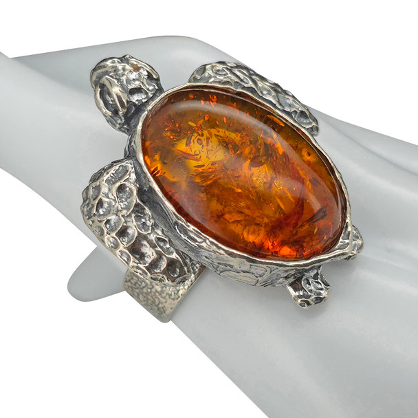Amber Sterling Silver Turtle Adjustable Ring
