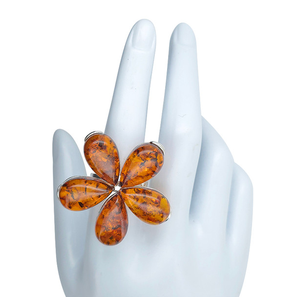 Amber Sterling Silver Flower Adjustable Ring