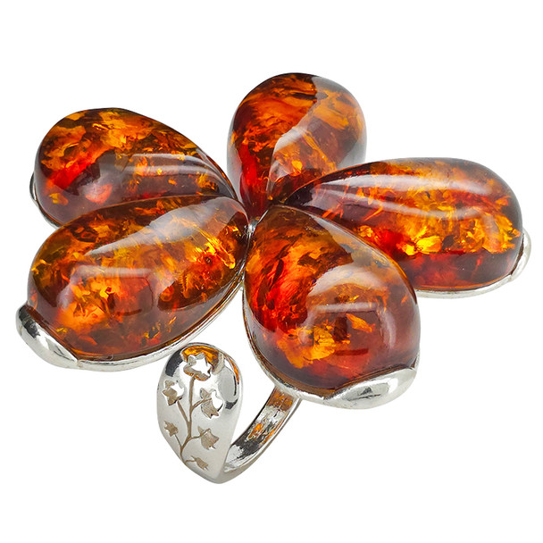 Amber Sterling Silver Flower Adjustable Ring