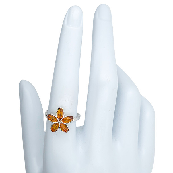 Cognac Amber Sterling Silver Flower Adjustable Ring