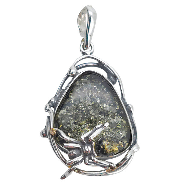 Green Amber Sterling Silver Handmade Spider Design Pendant