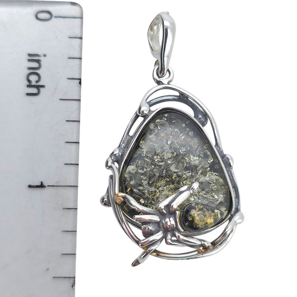 Green Amber Sterling Silver Handmade Spider Design Pendant