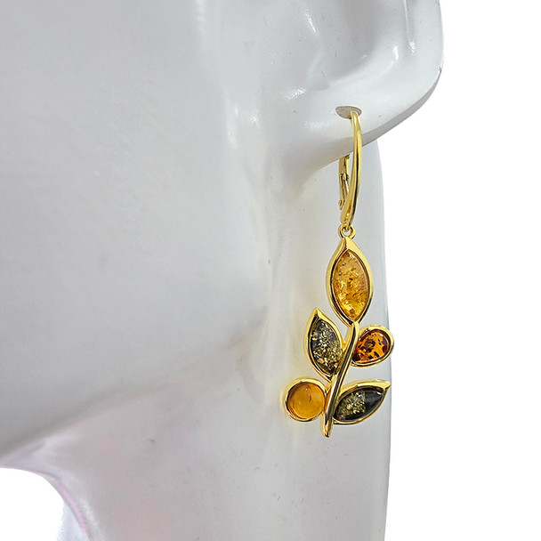 Multi-Color Amber Leaf Design 14K Gold-Plated Silver Earrings on Hooks