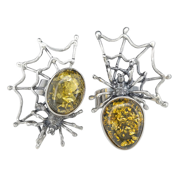 Green Amber Spider on Web Sterling Silver Adjustable Ring