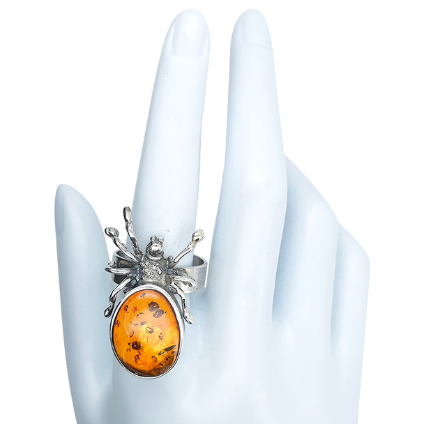 Cognac Amber Spider Sterling Silver Adjustable Ring