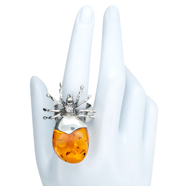 Cognac Amber Spider Sterling Silver Adjustable Ring