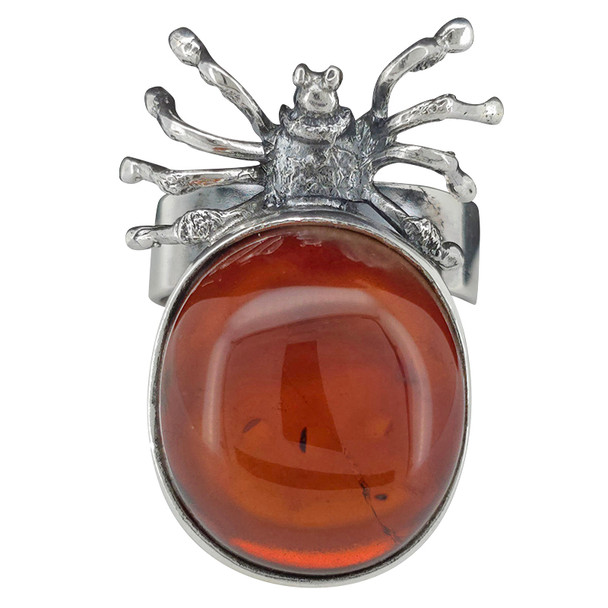 Cherry Amber Spider Sterling Silver Adjustable Ring