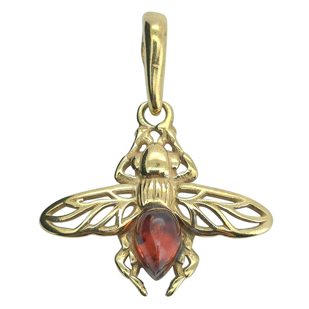 Cognac Amber Gold-Plated Silver Bee Pendant