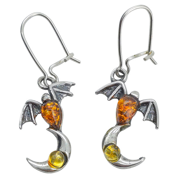 Multi-Color Amber Sterling Silver Bat and Moon Earrings on Hooks