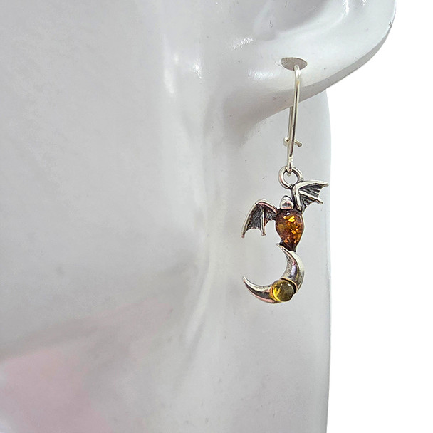 Multi-Color Amber Sterling Silver Bat and Moon Earrings on Hooks