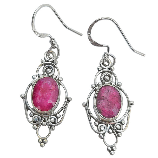 Faceted Composed Ruby Sterling Silver Earrings on Hooks