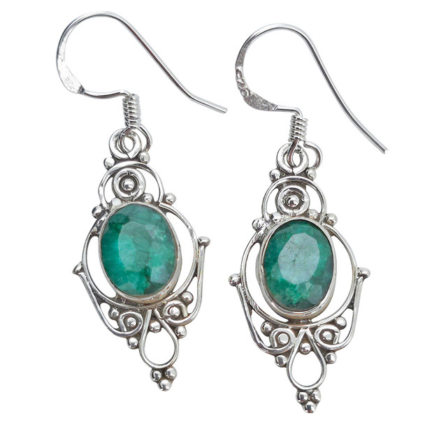 Faceted Composed Emerald Sterling Silver Earrings on Hooks