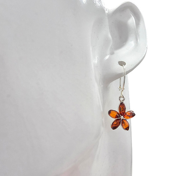Cognac Amber Sterling Silver Flower Earrings on Hooks