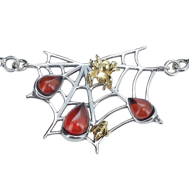 Amber Sterling Silver / Gold-Plated Spider on Web / Bee Necklace