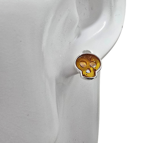 Cognac Amber Sterling Silver Skull Stud Earrings