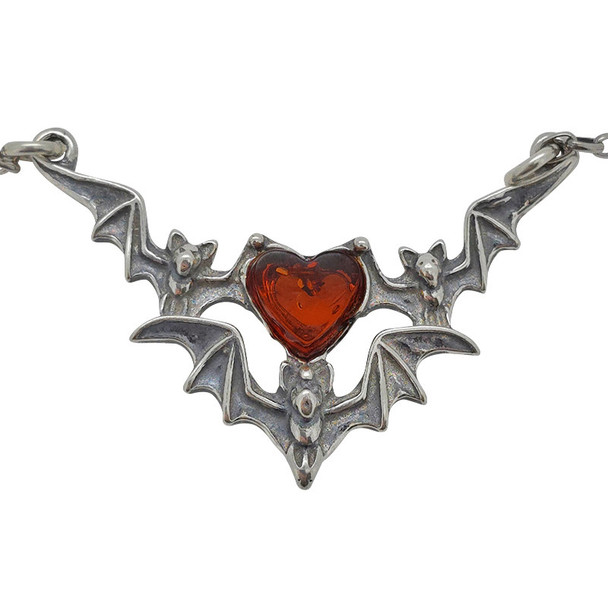 Amber Oxidized Silver Heart Bat Necklace