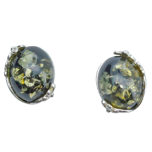 Green Amber Sterling Silver Flower Design Stud Earrings