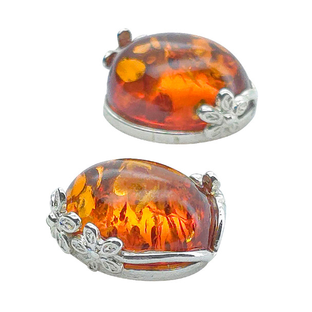Cognac Amber Sterling Silver Flower Design Stud Earrings