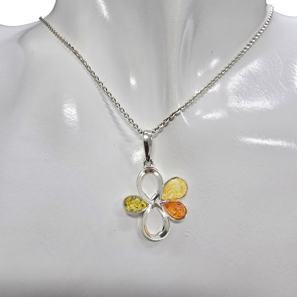 Multi-Color Amber Sterling Silver Flower Pendant